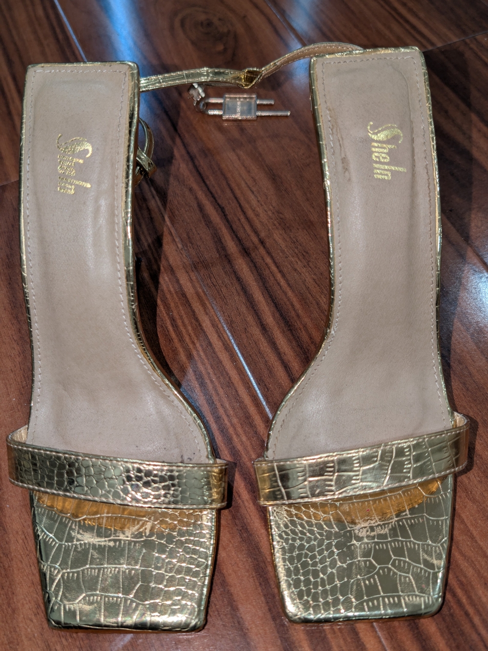 SHEIN Gold Croc-Embossed Square-Toe Heeled Sandals